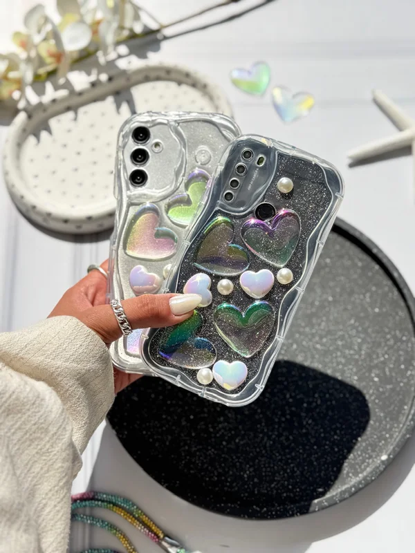 Transparent Samsung A25 phone case with embossed holographic heart
