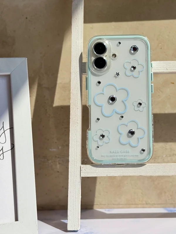 Transparent Blue Flower Pattern Phone Case with Rhinestones