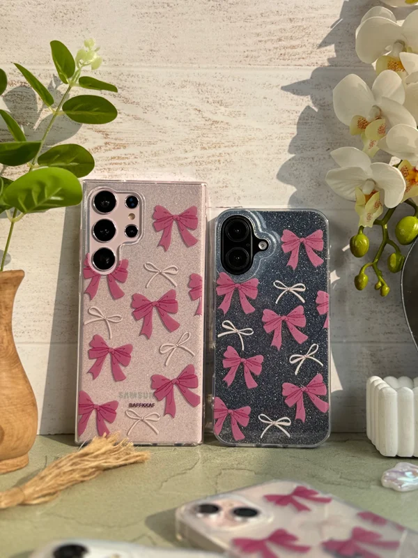 Samsung A55 phone case with pink floral bow design