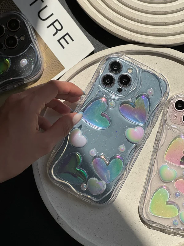 Transparent Samsung A25 phone case with embossed holographic heart