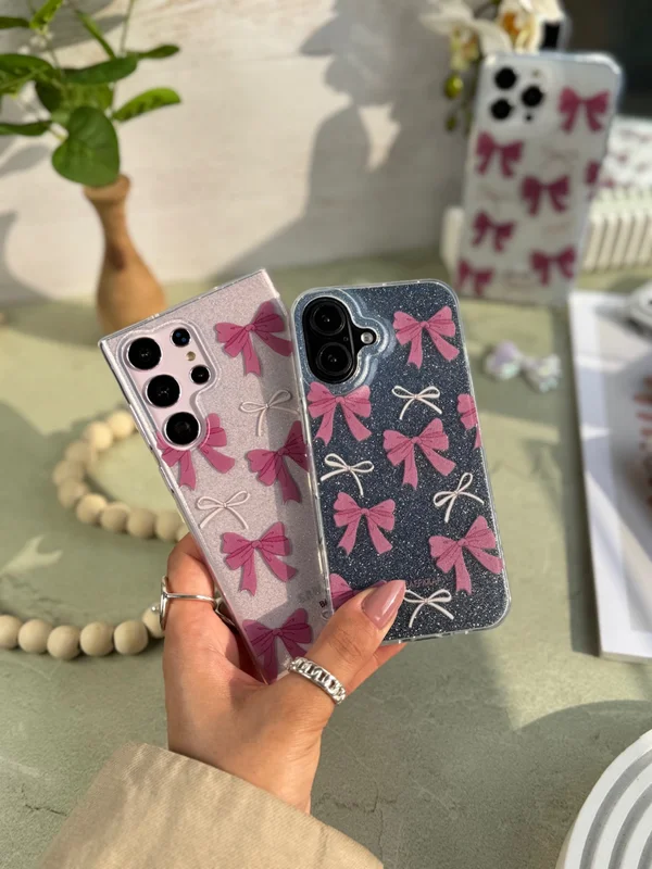 Samsung A55 phone case with pink floral bow design