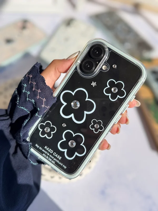 Transparent Blue Flower Pattern Phone Case with Rhinestones