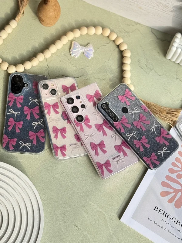 Samsung A55 phone case with pink floral bow design