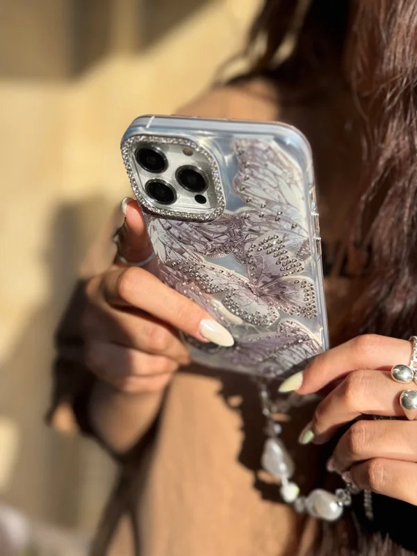 Diamond gray butterfly iPhone 14 Pro Max case