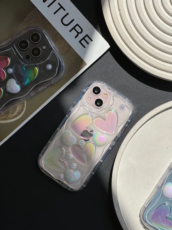 Transparent Samsung A25 phone case with embossed holographic heart