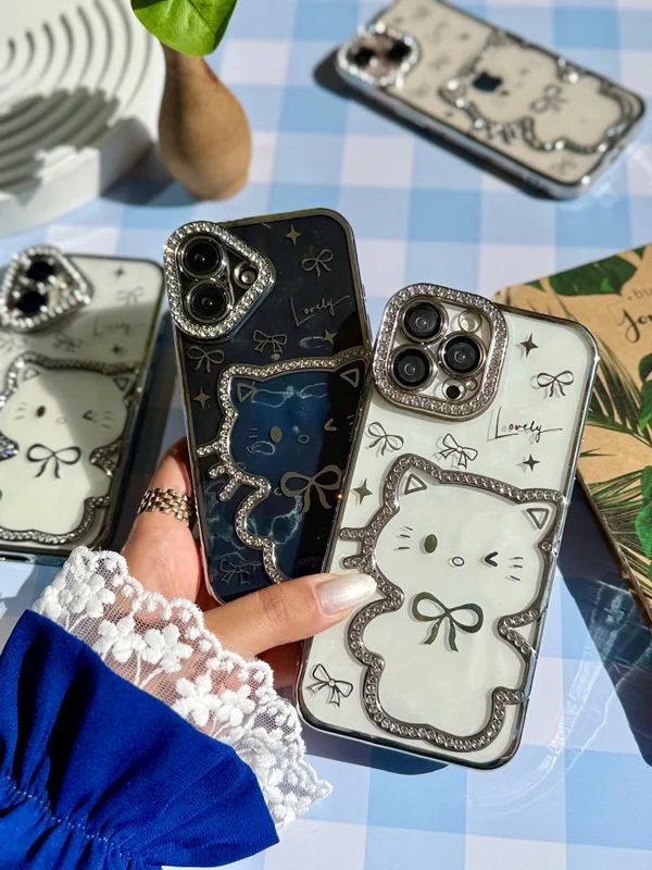 Clear 3D Cat Design Phone Case with Rhinestone Details iPhone 16 phone