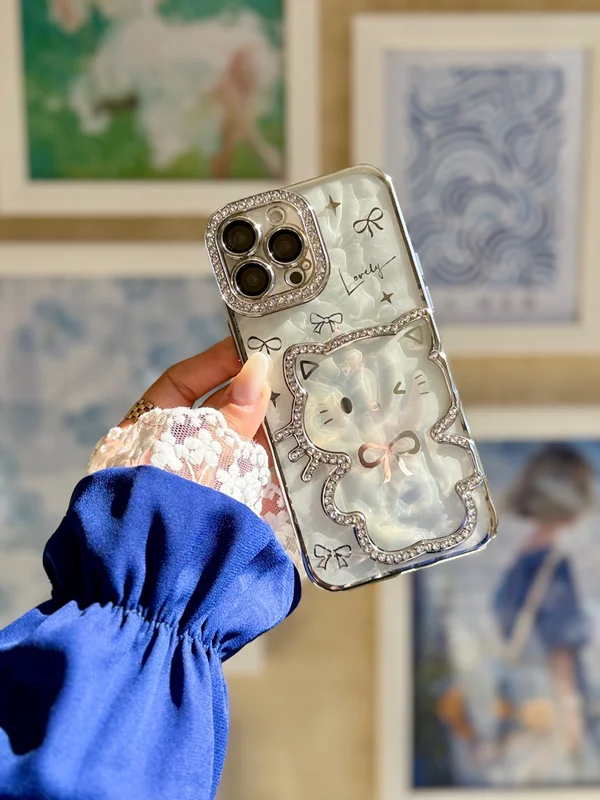 Clear 3D Cat Design Phone Case with Rhinestone Details iPhone 16 phone