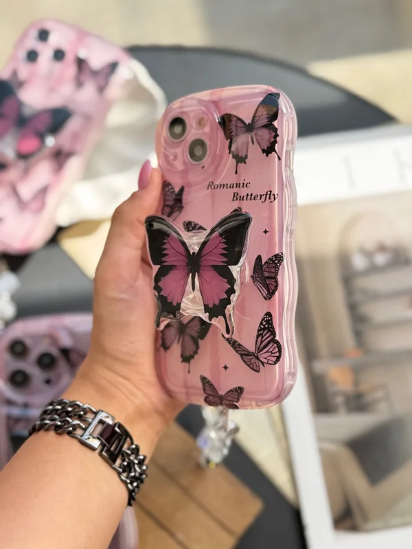 Pink butterfly iPhone 13 Pro case with pendant