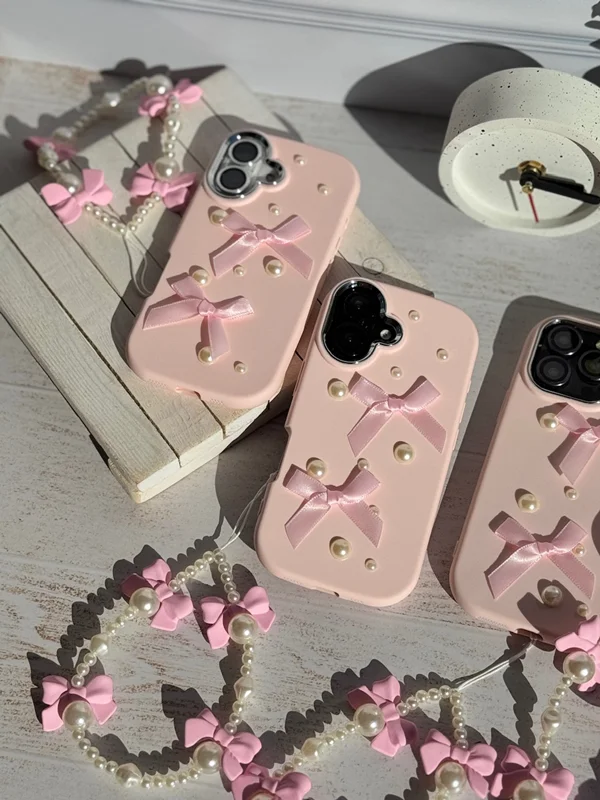 Bow tie and pearl design iPhone 13 Pro Max case with pendant