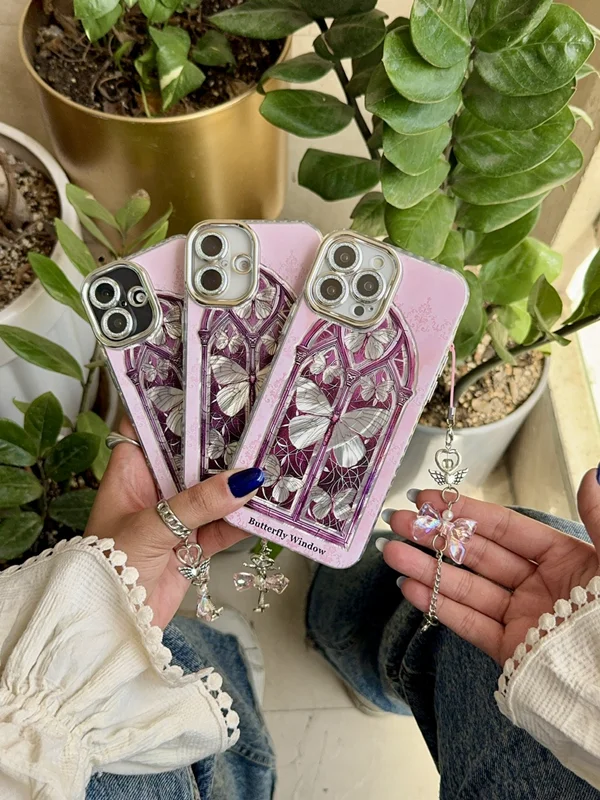Window and Butterfly Design Phone Case with Pendant iPhone 15 Pro phone
