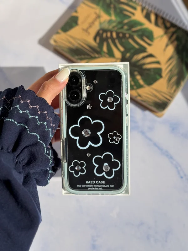 Transparent Blue Flower Pattern Phone Case with Rhinestones