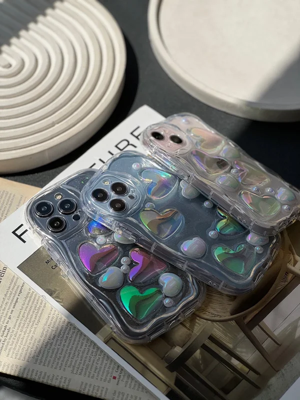 Transparent Samsung A25 phone case with embossed holographic heart