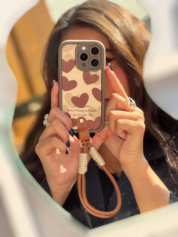 iPhone 15 phone case, brown heart design