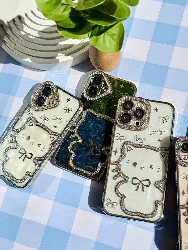 Clear 3D Cat Design Phone Case with Rhinestone Details iPhone 16 phone