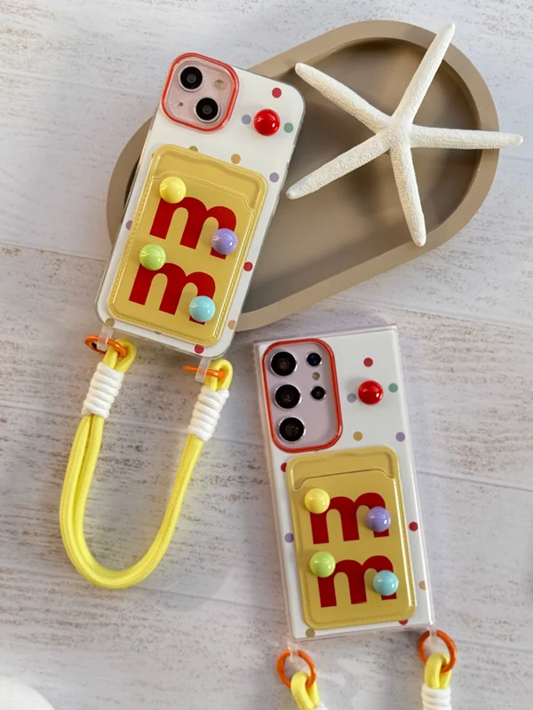 iPhone 12 and iPhone 12 Pro case with card holder with M&M embossing sticker strap