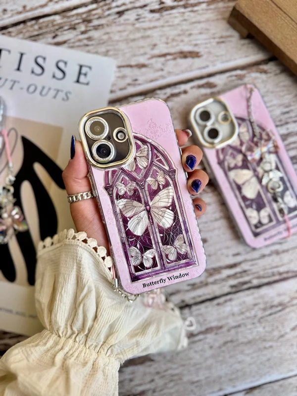 Window and Butterfly Design Phone Case with Pendant iPhone 15 Pro phone