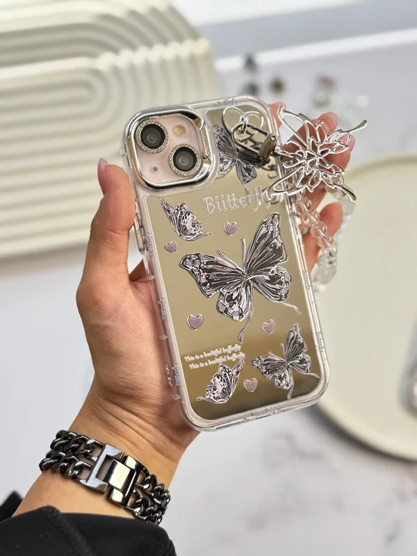 Butterfly design mirror case with pendant and jeweled lens protector iPhone 14 Pro Max