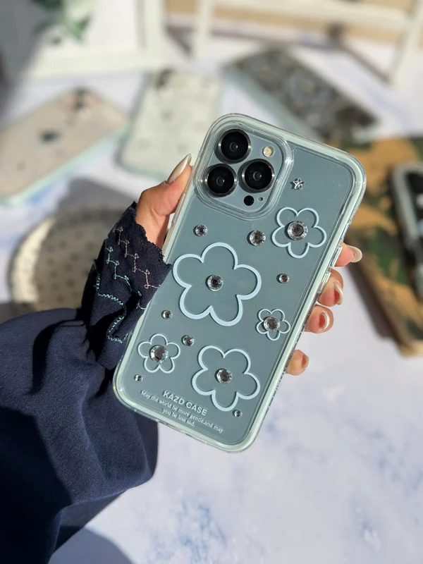 Transparent Blue Flower Pattern Phone Case with Rhinestones
