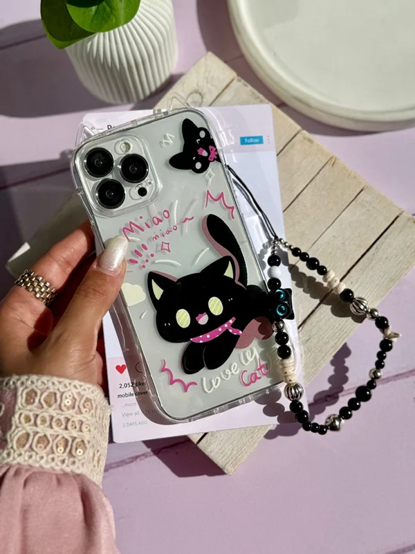 قاب سه بعدی شفاف طرح گربه مشکی گوشی آیفون 14 پرو