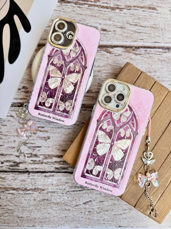 Window and Butterfly Design Phone Case with Pendant iPhone 15 Pro phone