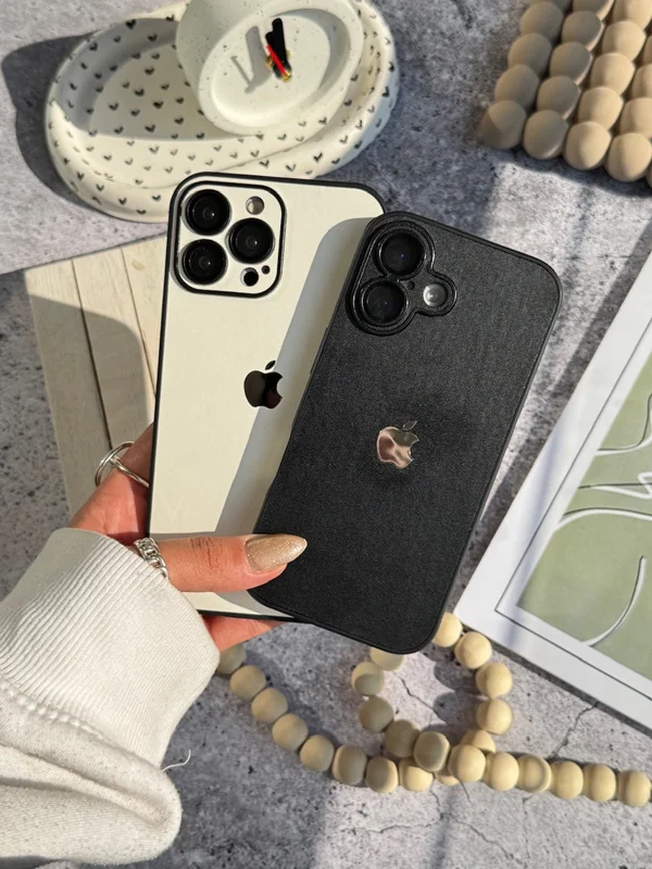 Colored iPhone 13 Pro Max case made of synthetic leather with metal logo