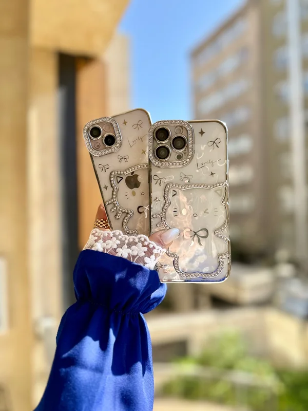 Clear 3D Cat Design Phone Case with Rhinestone Details iPhone 16 phone
