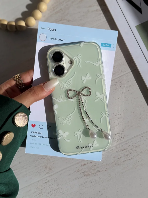 Embossed Bow Design Phone Case with Pearl Charm iPhone 13 Pro phone