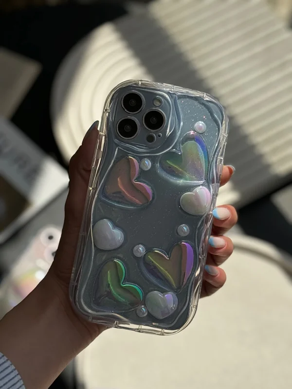 Transparent Samsung A25 phone case with embossed holographic heart
