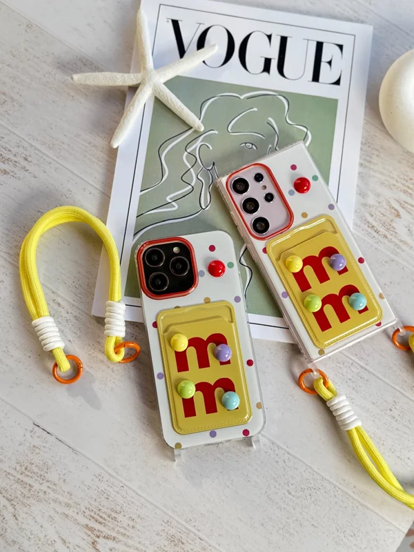 iPhone 12 and iPhone 12 Pro case with card holder with M&M embossing sticker strap