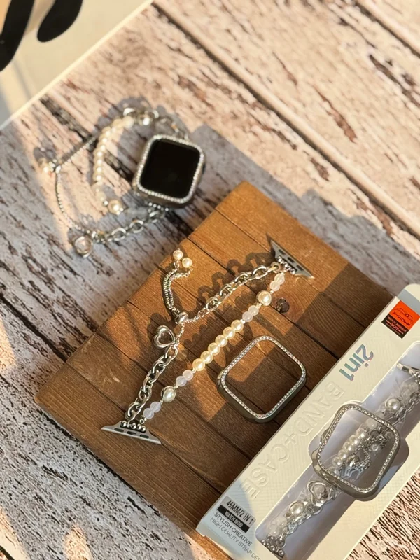 Pearl design Apple Watch band with guard and chain