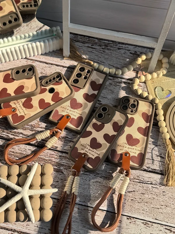 iPhone 15 phone case, brown heart design