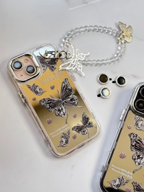 Butterfly design mirror case with pendant and jeweled lens protector iPhone 14 Pro Max