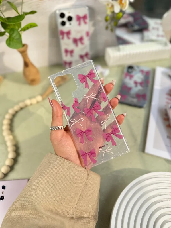 Samsung A55 phone case with pink floral bow design