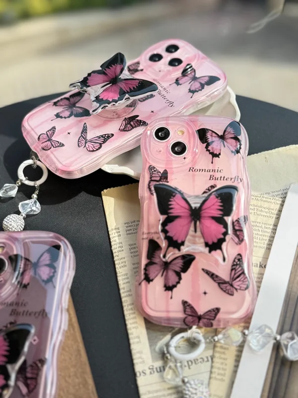 Pink butterfly iPhone 13 Pro case with pendant
