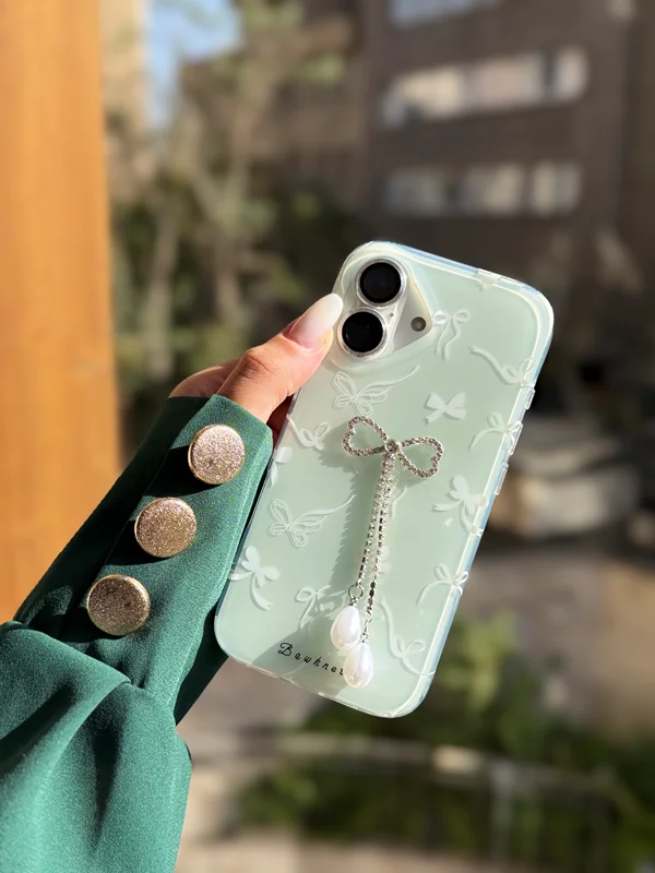 Embossed Bow Design Phone Case with Pearl Charm iPhone 13 Pro phone