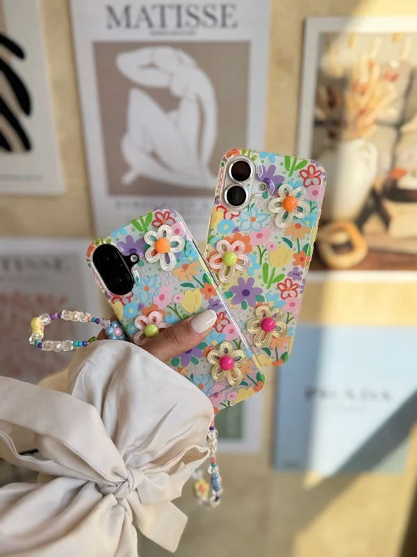 Colorful 3D Floral Phone Case with Matching Beaded Strap iPhone 12 ProMax phone