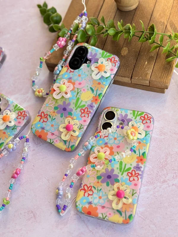 Colorful 3D Floral Phone Case with Matching Beaded Strap iPhone 12 ProMax phone