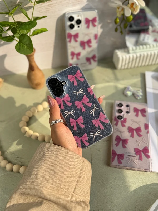 Samsung A55 phone case with pink floral bow design
