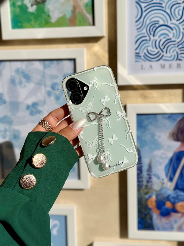 Embossed Bow Design Phone Case with Pearl Charm iPhone 13 Pro phone
