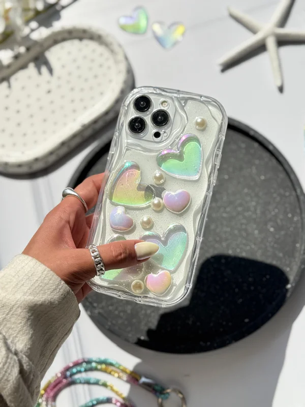 Transparent Samsung A25 phone case with embossed holographic heart