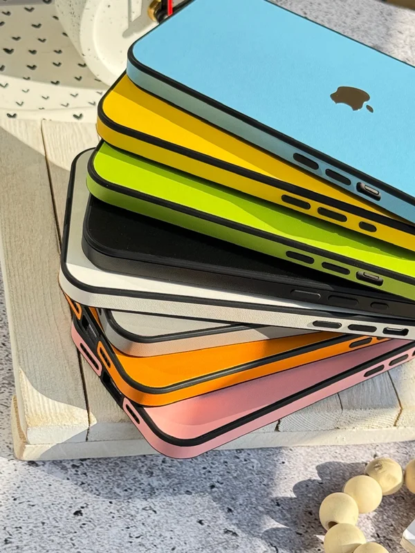 Colored iPhone 13 Pro Max case made of synthetic leather with metal logo