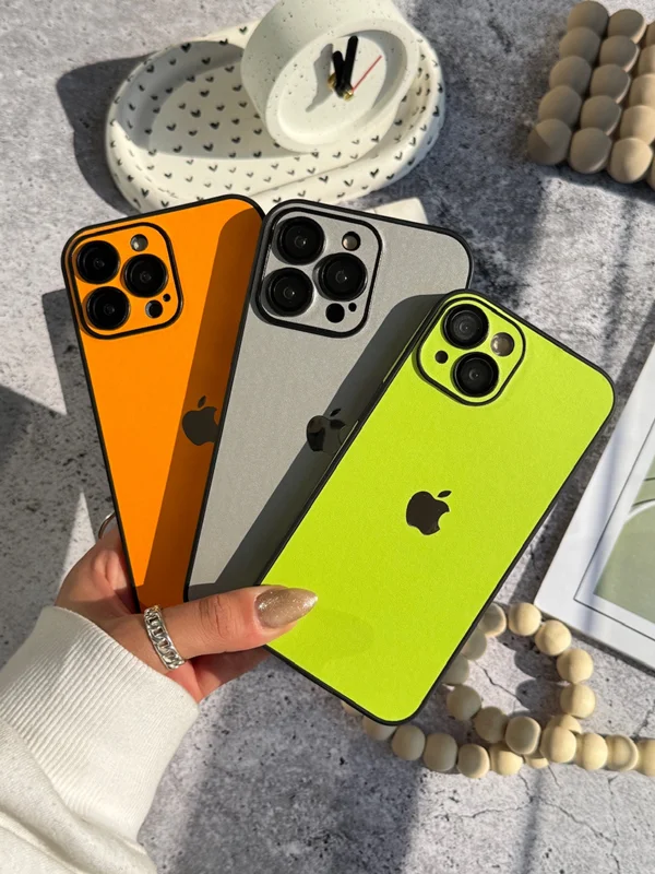 Colored iPhone 13 Pro Max case made of synthetic leather with metal logo