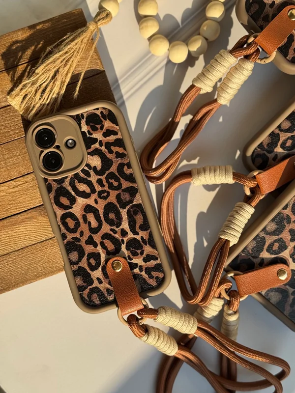 Brown leopard print Samsung A72 phone case with pendant