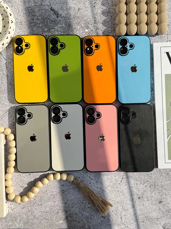 Colored iPhone 13 Pro Max case made of synthetic leather with metal logo