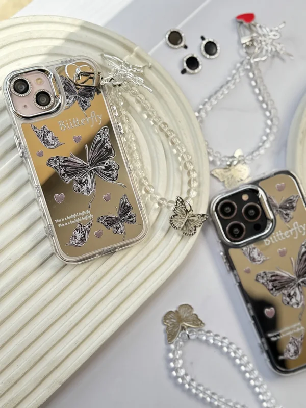 Butterfly design mirror case with pendant and jeweled lens protector iPhone 14 Pro Max