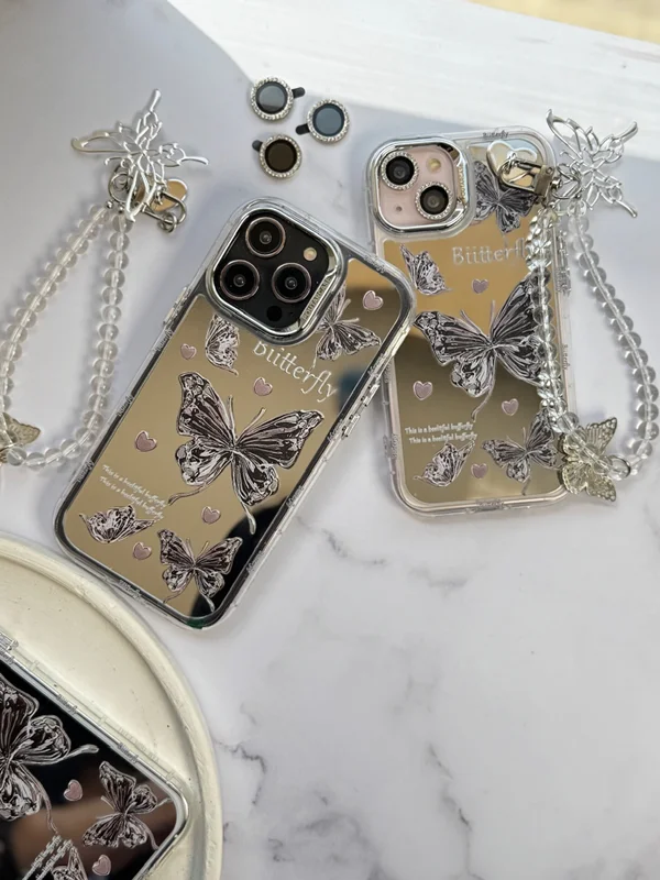 Butterfly design mirror case with pendant and jeweled lens protector iPhone 14 Pro Max