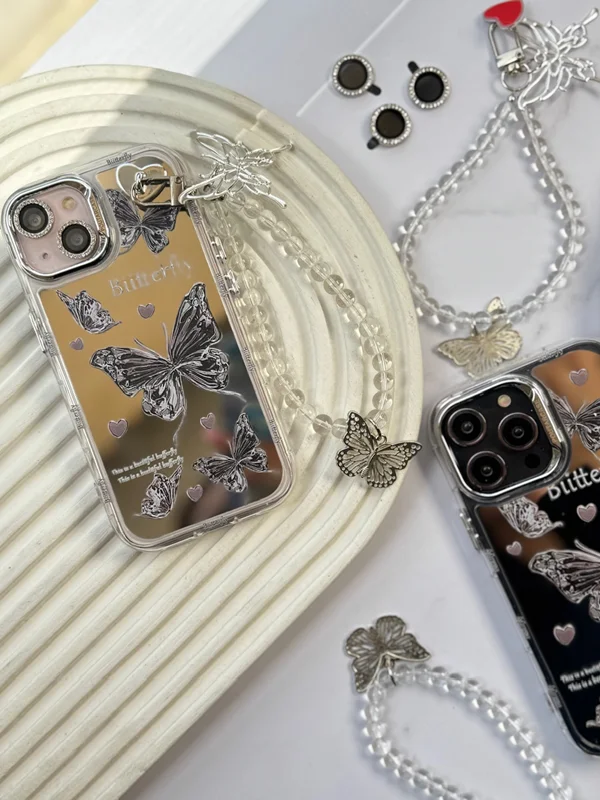 Butterfly design mirror case with pendant and jeweled lens protector iPhone 14 Pro Max