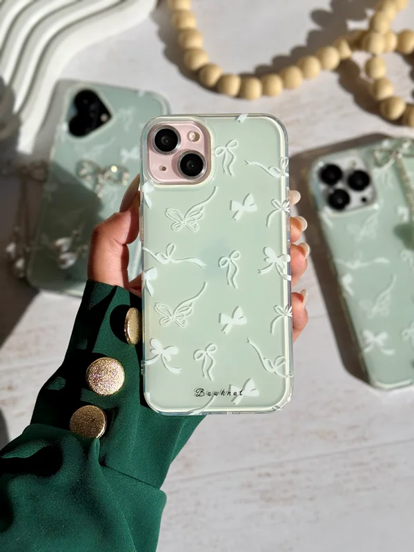 Embossed Bow Design Phone Case with Pearl Charm iPhone 13 Pro phone