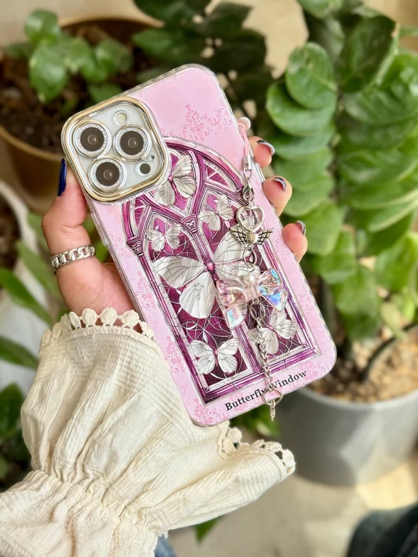 Window and Butterfly Design Phone Case with Pendant iPhone 15 Pro phone