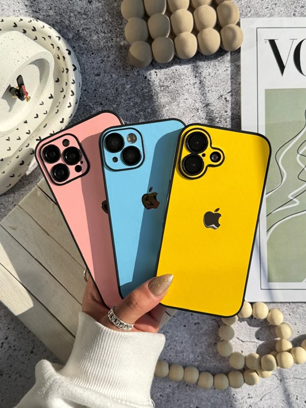 Colored iPhone 13 Pro Max case made of synthetic leather with metal logo